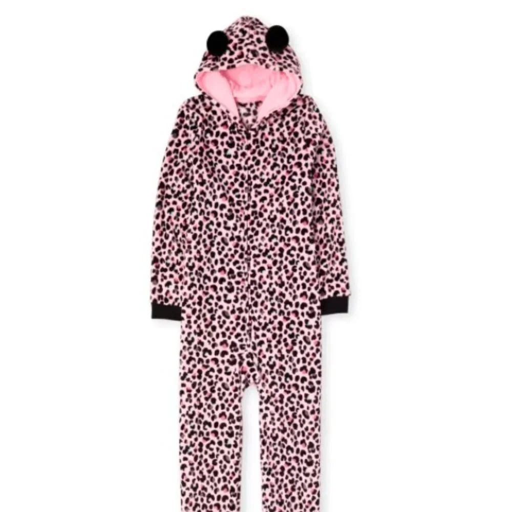 Children's Place Adult Pink Leopard Fleece One Piece Medium Pajamas
